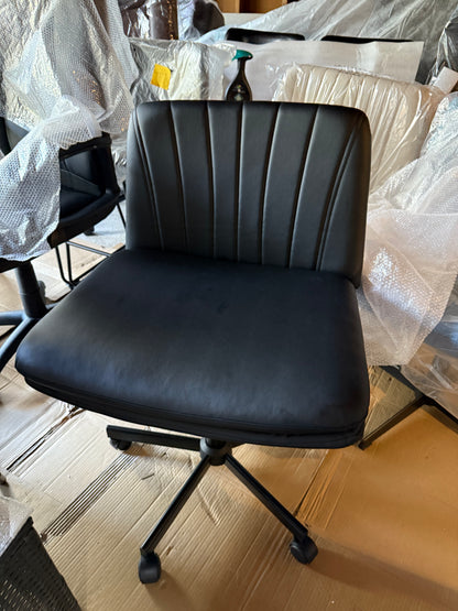 Modern Black Criss Cross Office Chair, Comfy Cross Legged Desk Chair with Wheels, PU Leather Armless Makeup Vanity Chair, Swivel Height Adjustable Mid Back Wide Seat Computer Task Chair
