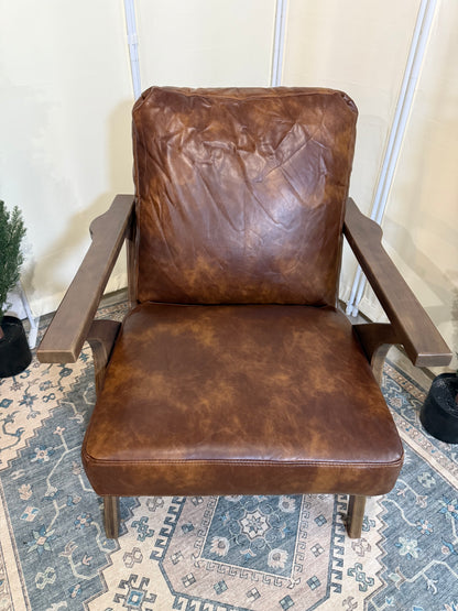 Mid-Century Modern Accent Chair for Living Room, Comfy Upholstered Faux Leather Armchair, Retro Leisure Reading Nook Chair with Wooden Frame, Brown