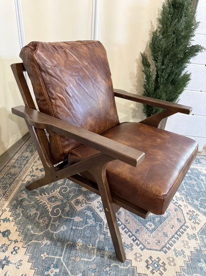 Mid-Century Modern Accent Chair for Living Room, Comfy Upholstered Faux Leather Armchair, Retro Leisure Reading Nook Chair with Wooden Frame, Brown