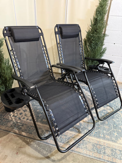 Zero Gravity Lounge Chair Set of 2, Adjustable Folding Mesh Outdoor Reclining Camping Chair w/Pillow & Cup Holder Trays for Lawn Patio Pool Beach, Black