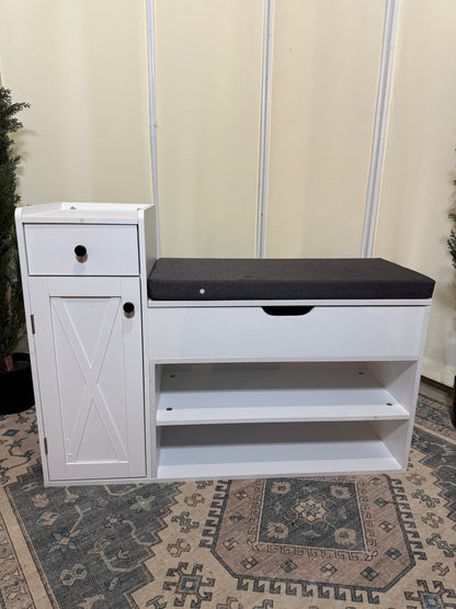 Shoe Storage Bench, 2-Tier Farmhouse Entryway Bench with Lift Top Storage Box, Drawer & Soft Removable Seat Cushion, Silm Shoe Rack with Shoe Cabinet for Entryway, Hallway, Bedroom, White