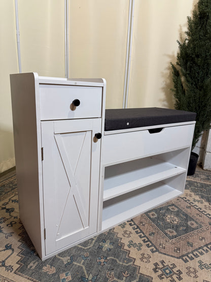 Shoe Storage Bench, 2-Tier Farmhouse Entryway Bench with Lift Top Storage Box, Drawer & Soft Removable Seat Cushion, Silm Shoe Rack with Shoe Cabinet for Entryway, Hallway, Bedroom, White