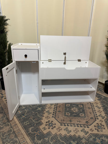 Shoe Storage Bench, 2-Tier Farmhouse Entryway Bench with Lift Top Storage Box, Drawer & Soft Removable Seat Cushion, Silm Shoe Rack with Shoe Cabinet for Entryway, Hallway, Bedroom, White