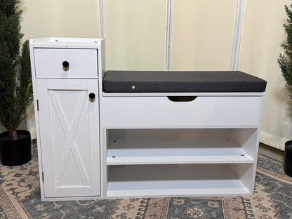 Shoe Storage Bench, 2-Tier Farmhouse Entryway Bench with Lift Top Storage Box, Drawer & Soft Removable Seat Cushion, Silm Shoe Rack with Shoe Cabinet for Entryway, Hallway, Bedroom, White