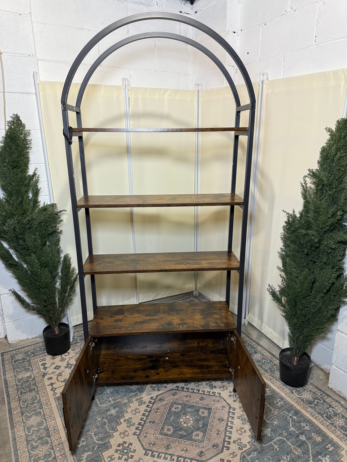 Arched Bookshelf with Doors, 71" Tall Industrial Bookcase with Sturdy Metal Frame, Vintage Display Shelving Unit, Rustic Geometric Book Shelf for Lving Room, Bedroom, Home Office