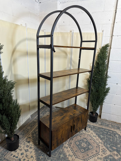Arched Bookshelf with Doors, 71" Tall Industrial Bookcase with Sturdy Metal Frame, Vintage Display Shelving Unit, Rustic Geometric Book Shelf for Lving Room, Bedroom, Home Office
