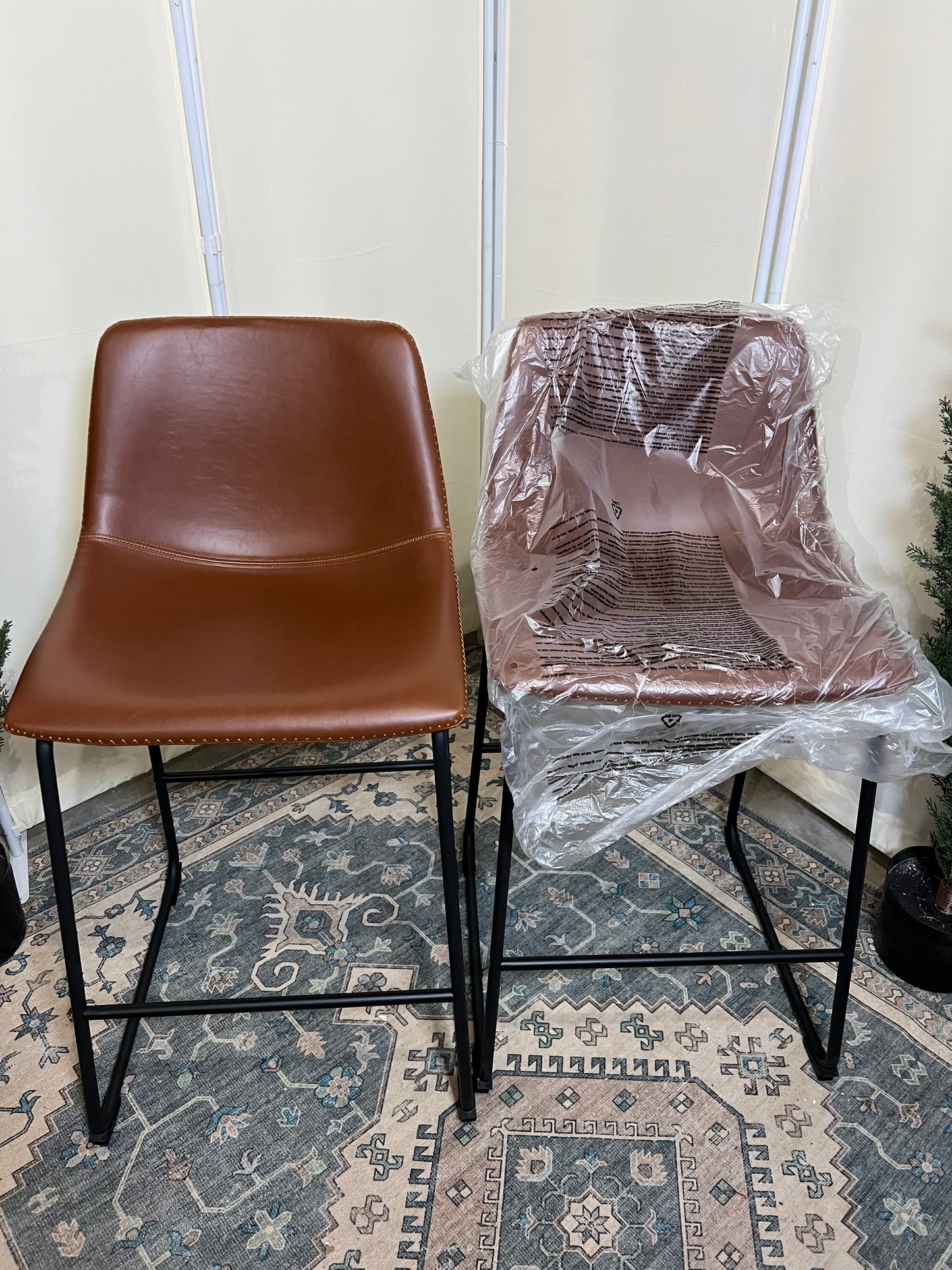 Counter Height Bar Stools Set of 2, Modern Counter Stool Faux Leather Barstools with Back, 26 inch Seat Height Island Stools Countertop Comfortable Brown Bar Chairs with Metal Legs