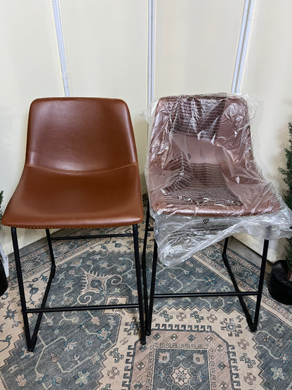 Counter Height Bar Stools Set of 2, Modern Counter Stool Faux Leather Barstools with Back, 26 inch Seat Height Island Stools Countertop Comfortable Brown Bar Chairs with Metal Legs