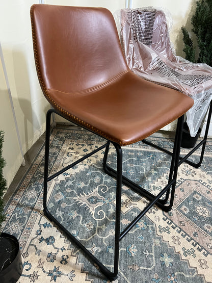 Counter Height Bar Stools Set of 2, Modern Counter Stool Faux Leather Barstools with Back, 26 inch Seat Height Island Stools Countertop Comfortable Brown Bar Chairs with Metal Legs