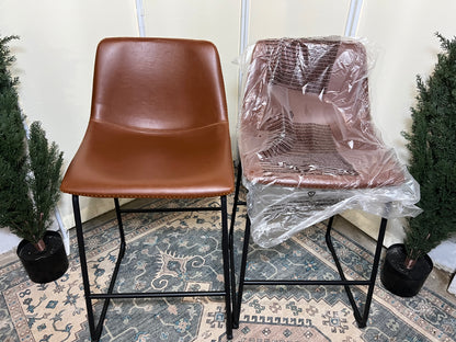 Counter Height Bar Stools Set of 2, Modern Counter Stool Faux Leather Barstools with Back, 26 inch Seat Height Island Stools Countertop Comfortable Brown Bar Chairs with Metal Legs