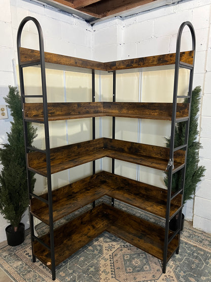 L Shaped Corner Bookcase and Bookshelves, 5-Tier Tall Open Shelf Etagere Bookcase, Wood and Metal Large Library Industrial Bookcases Display Rack for Living Room Home Office,Black+Brown