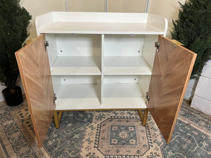 29 Gallon Fish Tank Stand, Small Aquarium Stand 20 Gallon with Doors & Adjustable Shelves, Boho Sideboard Coffee Bar Cart, Kitchen Cupboard Console Table, 30.5" L×15.7" W×35" H, White/Gold