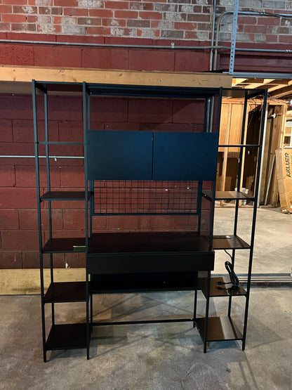 5 Tiers Black Bookshelf with Home Office Desk and RGB Lights and Power Outlet, 71.1" Tall Book Shelf with Drawer & Storage Cabinet & 12 Storage Shelves, Large Bookcase with 2 Doors, Black