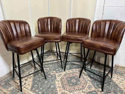 Swivel Counter Height Bar Stools Set of 4, 26'' Modern Barstools with Backs and Metal Legs, Upholstered Bar Chairs, Faux Leather Brown Stools for Kitchen Island Chairs