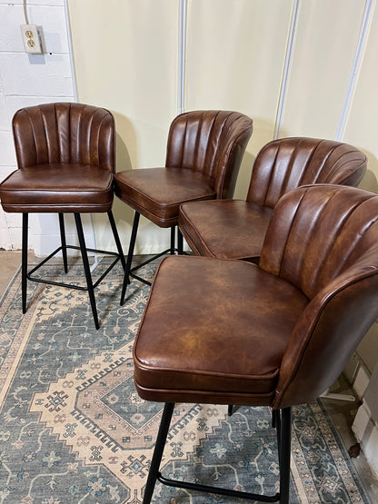 Swivel Counter Height Bar Stools Set of 4, 26'' Modern Barstools with Backs and Metal Legs, Upholstered Bar Chairs, Faux Leather Brown Stools for Kitchen Island Chairs