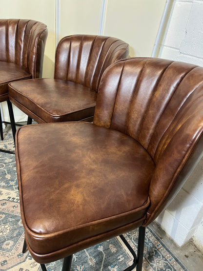 Swivel Counter Height Bar Stools Set of 4, 26'' Modern Barstools with Backs and Metal Legs, Upholstered Bar Chairs, Faux Leather Brown Stools for Kitchen Island Chairs