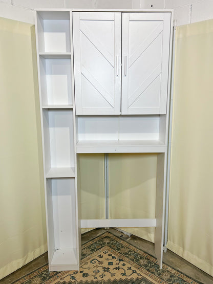 Over The Toilet Storage Cabinet with 7 Storage Shelves, Above Toilet Bathroom Organizer with Toilet Paper Holder Stand, Behind Toilet Cabinet, Space Saver for Restroom, Bathroom, Laundry, White