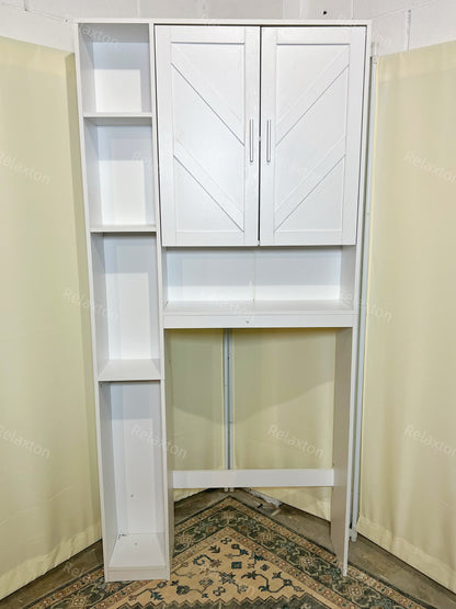 Over The Toilet Storage Cabinet with 7 Storage Shelves, Above Toilet Bathroom Organizer with Toilet Paper Holder Stand, Behind Toilet Cabinet, Space Saver for Restroom, Bathroom, Laundry, White