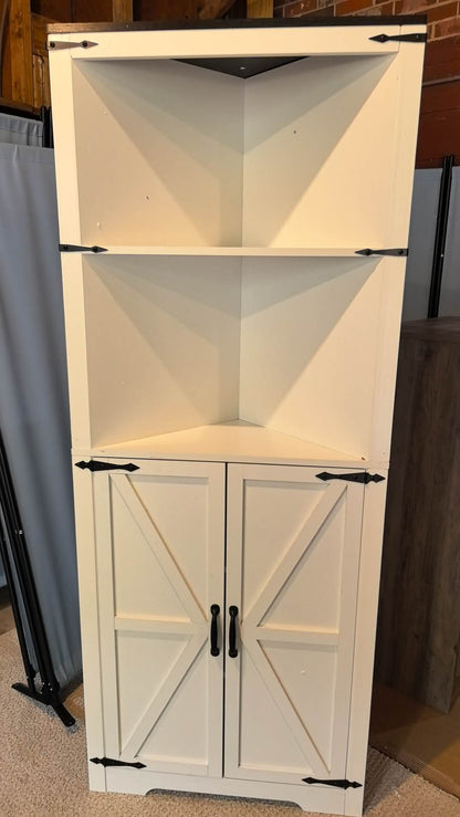 Corner Storage Cabinet 67 Tall, Freestanding Linen Cabinet with 1 Drawer and 4 Doors, Adjustable Shelves for Kitchen, Living Room - Farmhouse Style