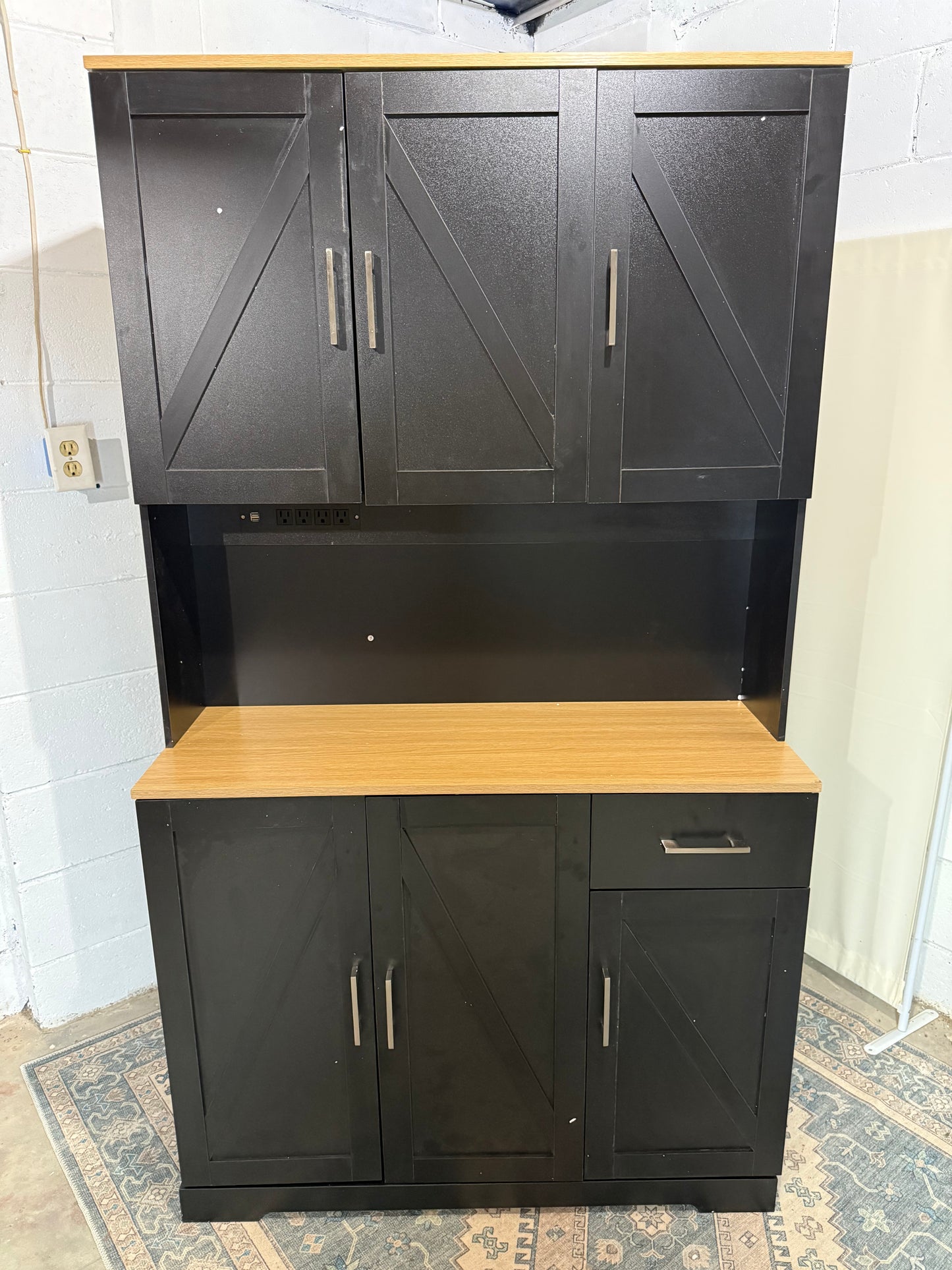 71’’ Farmhouse Kitchen Pantry Cabinet, Tall Storage Cabinet with Power Outlet, Freestanding Hutch with Drawer, 4 Adjustable Shelf & 6 Doors for Kitchen Living Room (Black)