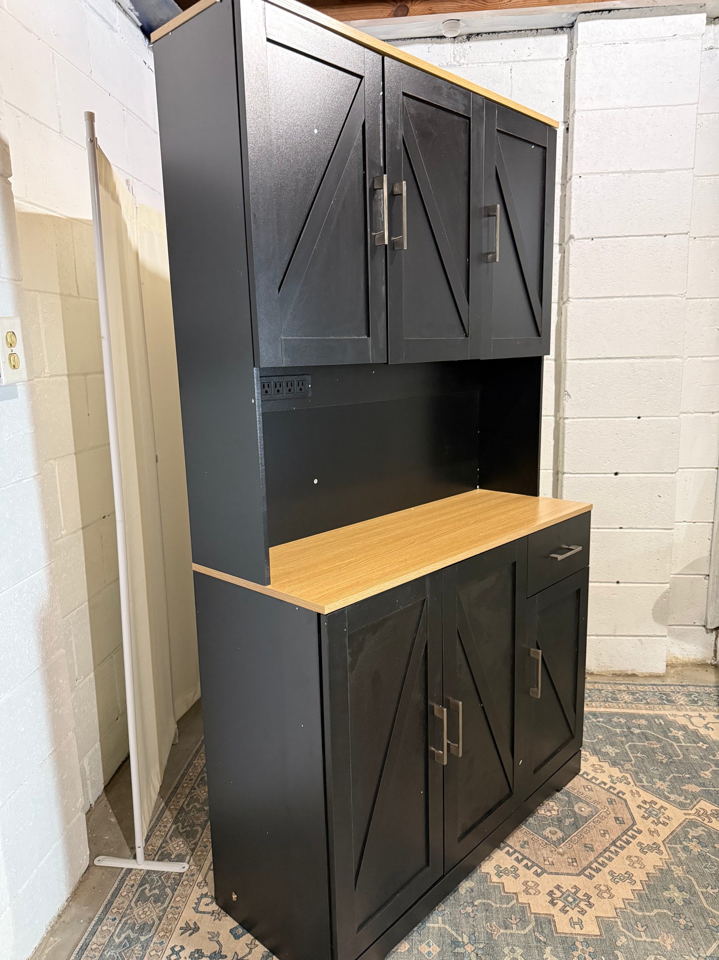 71’’ Farmhouse Kitchen Pantry Cabinet, Tall Storage Cabinet with Power Outlet, Freestanding Hutch with Drawer, 4 Adjustable Shelf & 6 Doors for Kitchen Living Room (Black)