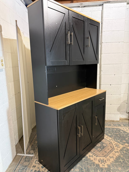 71’’ Farmhouse Kitchen Pantry Cabinet, Tall Storage Cabinet with Power Outlet, Freestanding Hutch with Drawer, 4 Adjustable Shelf & 6 Doors for Kitchen Living Room (Black)