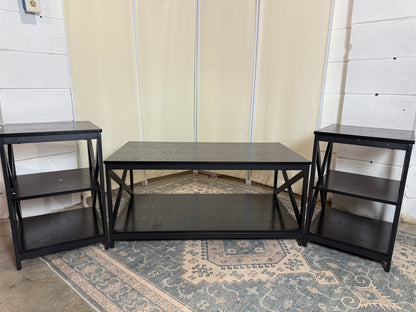 Living Room Coffee Table Set of 3, Industrial X-Design Coffee Table and 2 End Side Tables, 3 Piece Living Room Table Set with Large Storage for Apartment Home (Black)