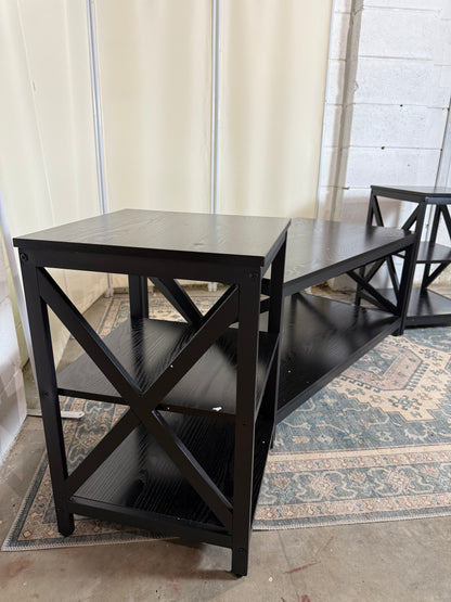 Living Room Coffee Table Set of 3, Industrial X-Design Coffee Table and 2 End Side Tables, 3 Piece Living Room Table Set with Large Storage for Apartment Home (Black)