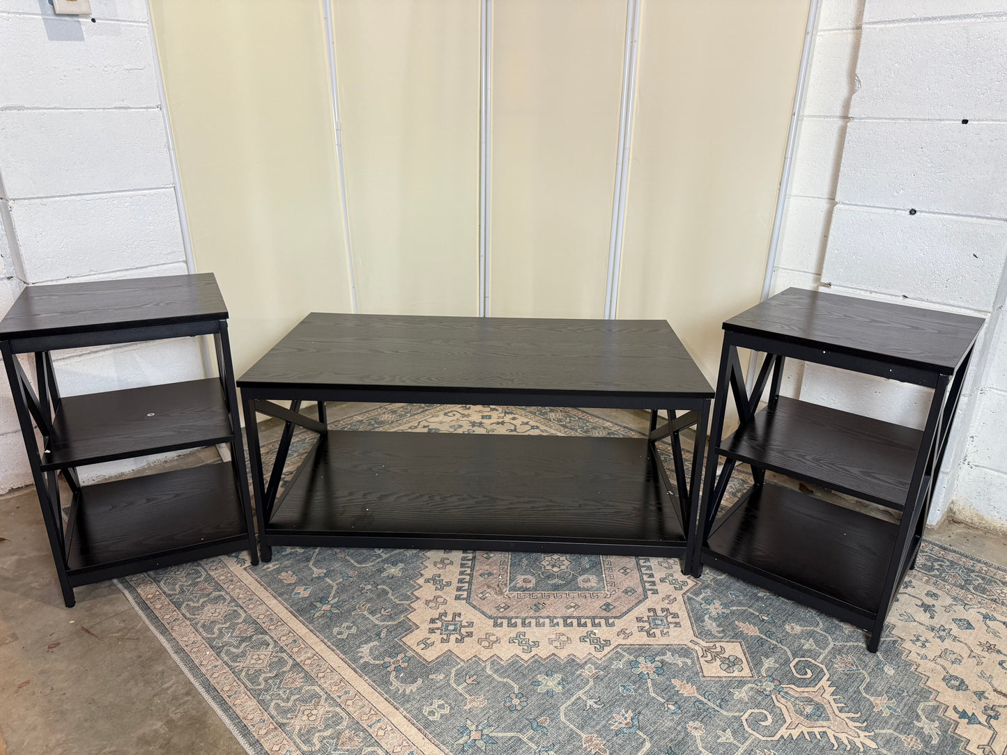 Living Room Coffee Table Set of 3, Industrial X-Design Coffee Table and 2 End Side Tables, 3 Piece Living Room Table Set with Large Storage for Apartment Home (Black)