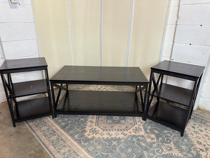 Living Room Coffee Table Set of 3, Industrial X-Design Coffee Table and 2 End Side Tables, 3 Piece Living Room Table Set with Large Storage for Apartment Home (Black)