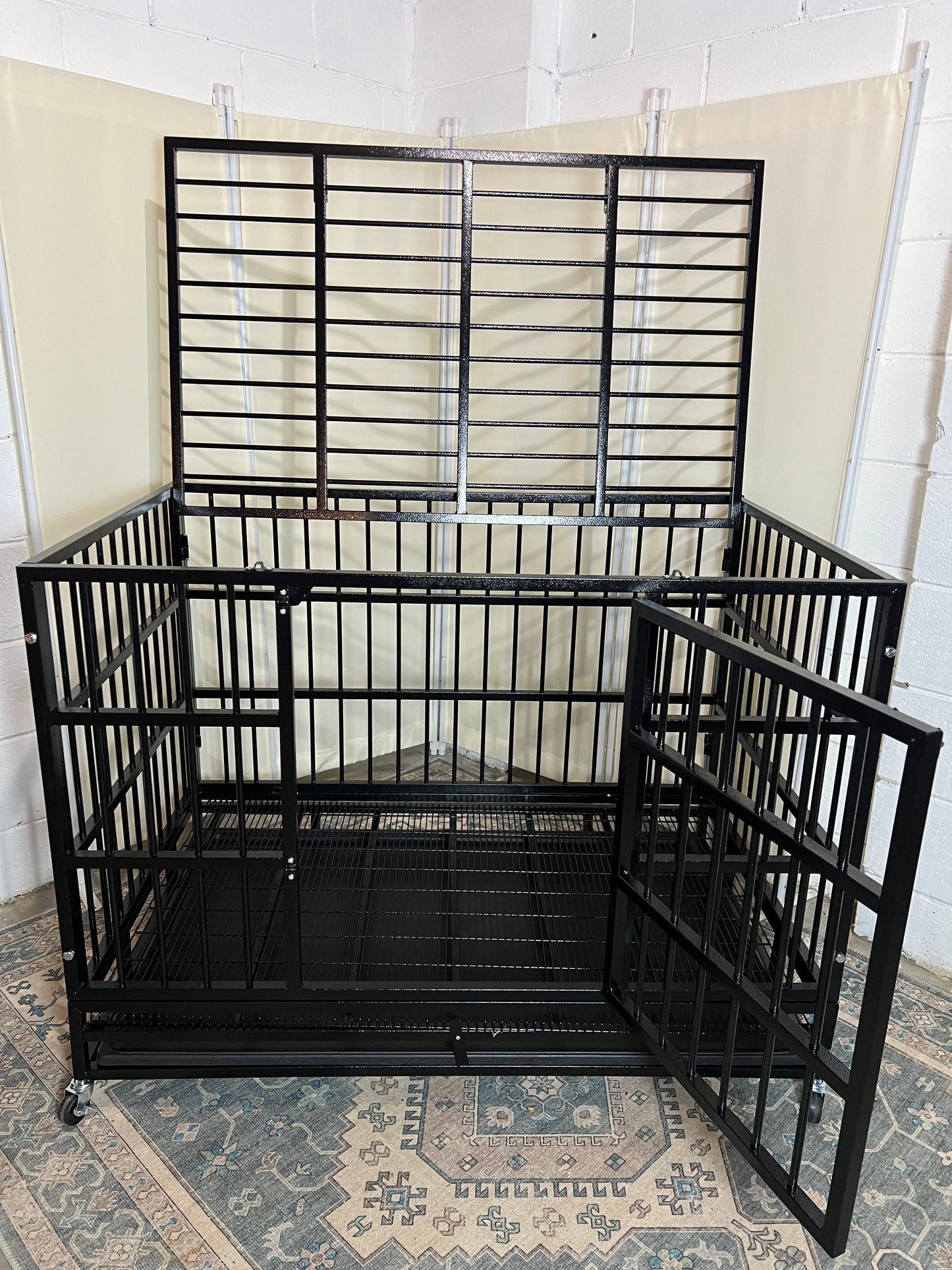 48" Heavy Duty Dog Crates for Large Dogs, Upgraded 4 Lockable Wheels, Removable Door, Dog Kennel Indoor, Max Load 300Lbs, Easy to Clean, Removable Tray, XL Dog Cage for Large and Medium Dogs