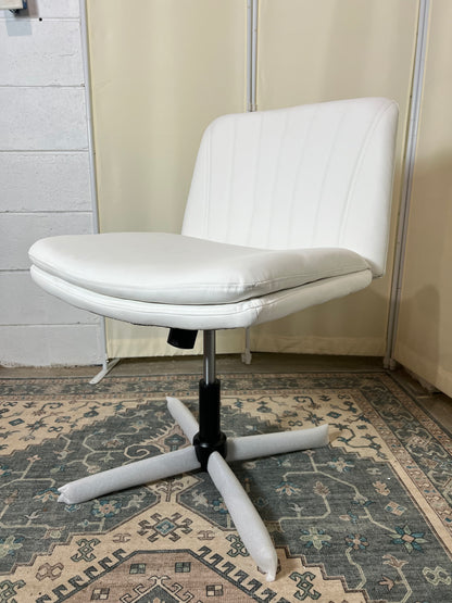 PU Leather Armless Office Desk Chair No Wheels,Criss Cross Legged Wide Padded Seat Swivel Vanity Chair,120°Rocking Mid Back Ergonomic Computer Task Chair for Make Up,Small Space