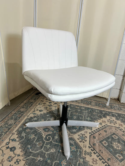 PU Leather Armless Office Desk Chair No Wheels,Criss Cross Legged Wide Padded Seat Swivel Vanity Chair,120°Rocking Mid Back Ergonomic Computer Task Chair for Make Up,Small Space
