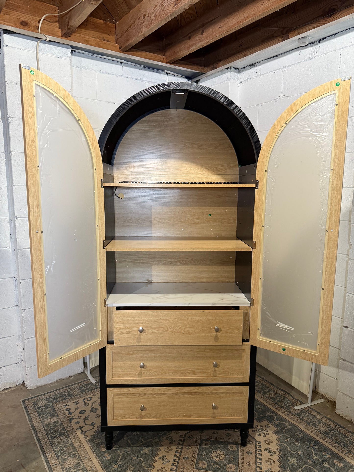 73 Inch Tall Arched Cabinet with Doors, Arched Storage Cabinet, Black-Oak Kitchen Pantry, LED Lighted Display Case, Boho Arch Bookshelf for Kitchen Dining Room Living Room, Black