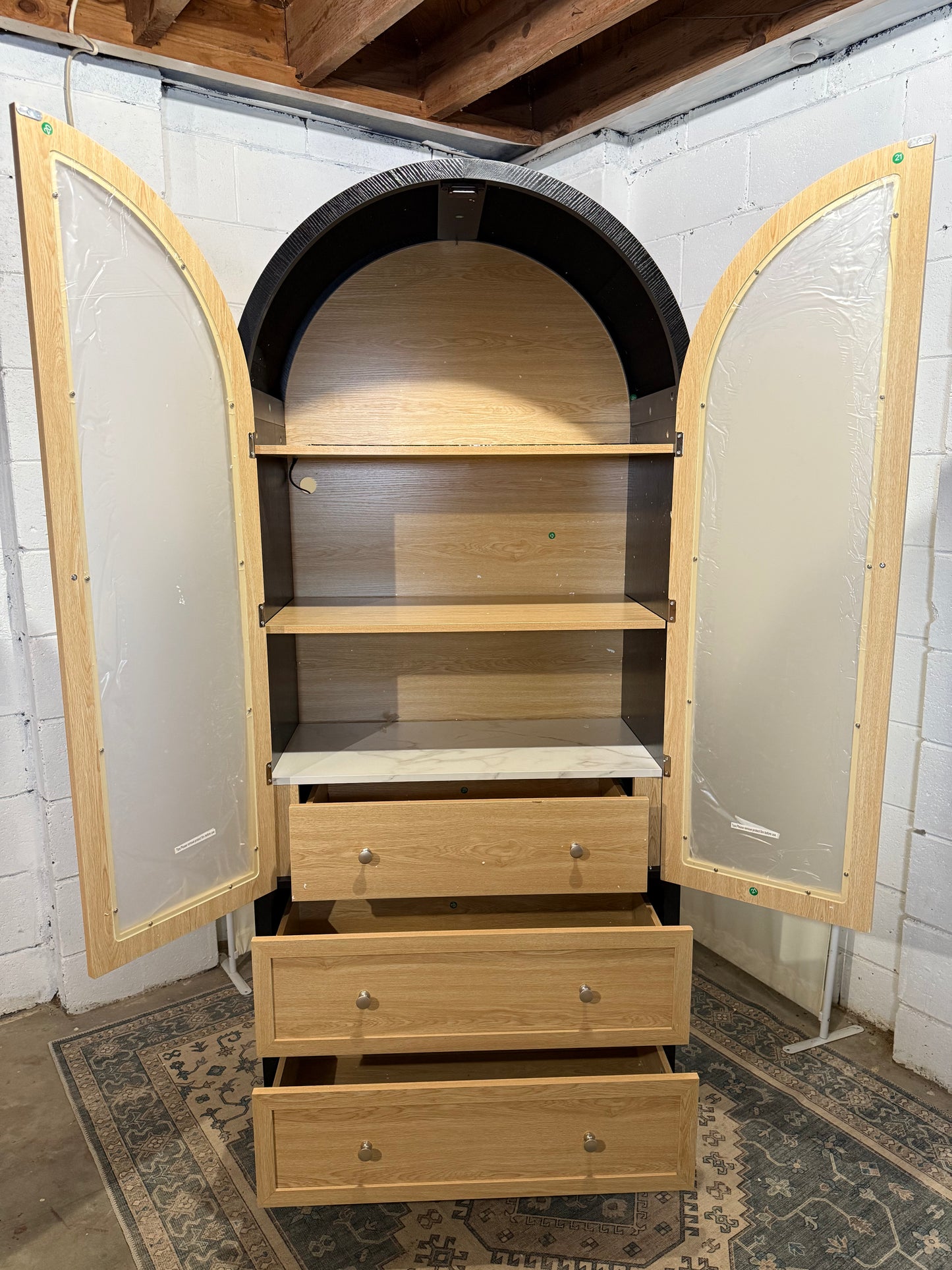 73 Inch Tall Arched Cabinet with Doors, Arched Storage Cabinet, Black-Oak Kitchen Pantry, LED Lighted Display Case, Boho Arch Bookshelf for Kitchen Dining Room Living Room, Black