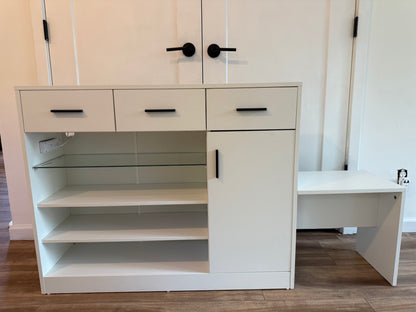 Wardrobe Armoire Closet with Charging & LED Light,Walk-in Closet Island Dresser with Glass Showcase,3 Drawers & Doors, Modern Storage Display Cabinet with Bench for Bedroom,Fitting Room & Shops（White）