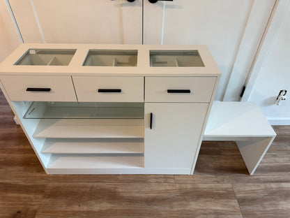 Wardrobe Armoire Closet with Charging & LED Light,Walk-in Closet Island Dresser with Glass Showcase,3 Drawers & Doors, Modern Storage Display Cabinet with Bench for Bedroom,Fitting Room & Shops（White）