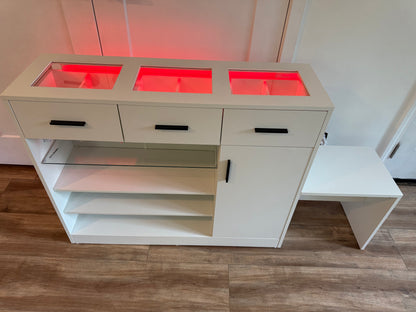 Wardrobe Armoire Closet with Charging & LED Light,Walk-in Closet Island Dresser with Glass Showcase,3 Drawers & Doors, Modern Storage Display Cabinet with Bench for Bedroom,Fitting Room & Shops（White）