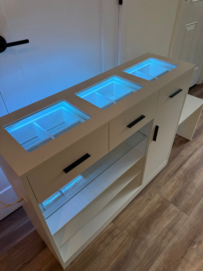 Wardrobe Armoire Closet with Charging & LED Light,Walk-in Closet Island Dresser with Glass Showcase,3 Drawers & Doors, Modern Storage Display Cabinet with Bench for Bedroom,Fitting Room & Shops（White）