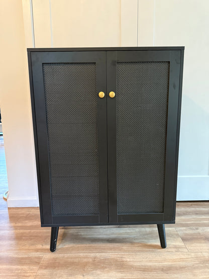 Rattan Shoe Cabinet, 6-Tiers Shoe Storage Cabinet for Entryway Hallway, 2 Door Accent Cabinet with Adjustable Shelves, 44" H Tall Sideboard Storage Cabinet Closet Living Room (Black)