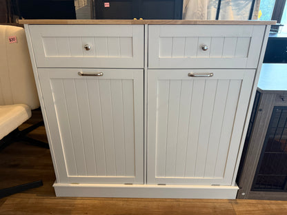 20 Gallon Double Tilt Out Trash Cabinet with Charging Station, Upgrade Wooden Free Standing Trash Cabinet with Outlet,Recycling Cabinet with Hideaway Drawer (White)
