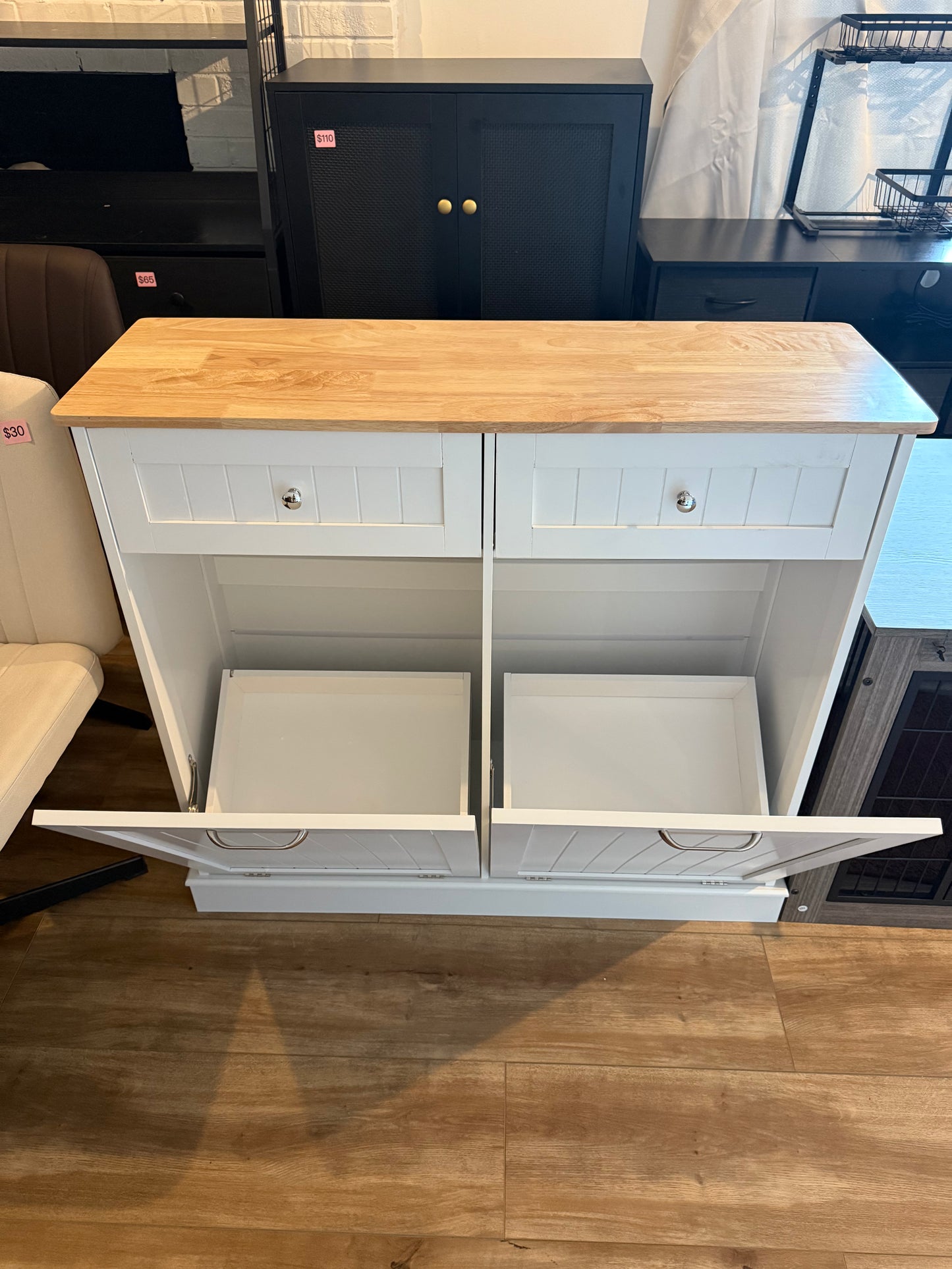 20 Gallon Double Tilt Out Trash Cabinet with Charging Station, Upgrade Wooden Free Standing Trash Cabinet with Outlet,Recycling Cabinet with Hideaway Drawer (White)