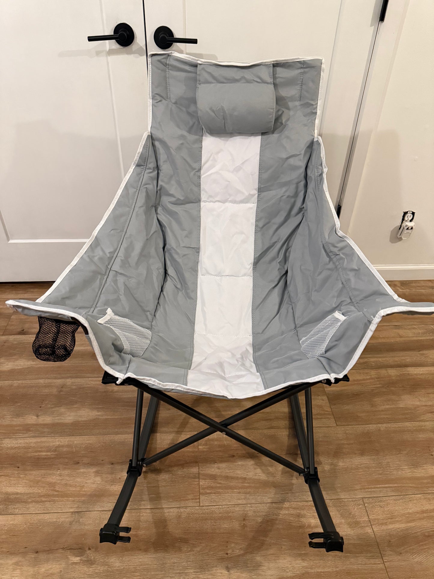Oversized Rocking Camping Chair, Luxury Padded Recliner,Oversized Folding Lawn Chair with Pocket and Carry Bag,Outdoor Camp Rocker Chairs for Adults Heavy Duty 300 LBS (Grey)