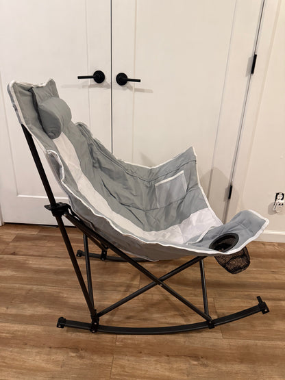 Oversized Rocking Camping Chair, Luxury Padded Recliner,Oversized Folding Lawn Chair with Pocket and Carry Bag,Outdoor Camp Rocker Chairs for Adults Heavy Duty 300 LBS (Grey)