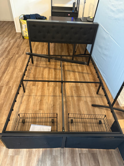 King Bed Frame with 2 Storage Drawers, Linen Upholstered Headboard Platform Bed with Charging Station, No Box Spring Needed, Metal Slats Support, Noise-Free, Easy Assembly, Black