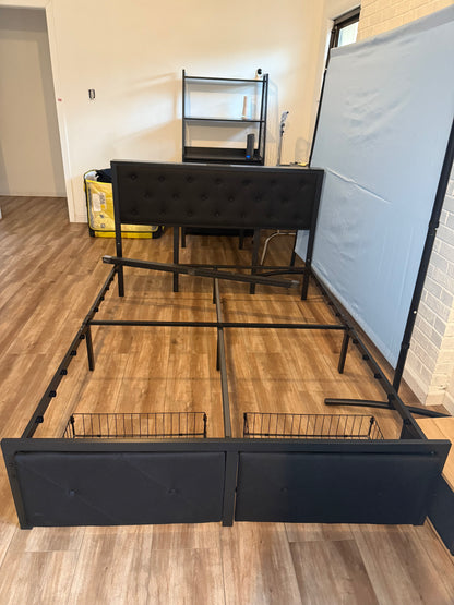 King Bed Frame with 2 Storage Drawers, Linen Upholstered Headboard Platform Bed with Charging Station, No Box Spring Needed, Metal Slats Support, Noise-Free, Easy Assembly, Black