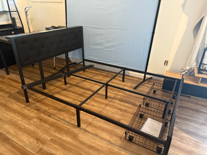 King Bed Frame with 2 Storage Drawers, Linen Upholstered Headboard Platform Bed with Charging Station, No Box Spring Needed, Metal Slats Support, Noise-Free, Easy Assembly, Black