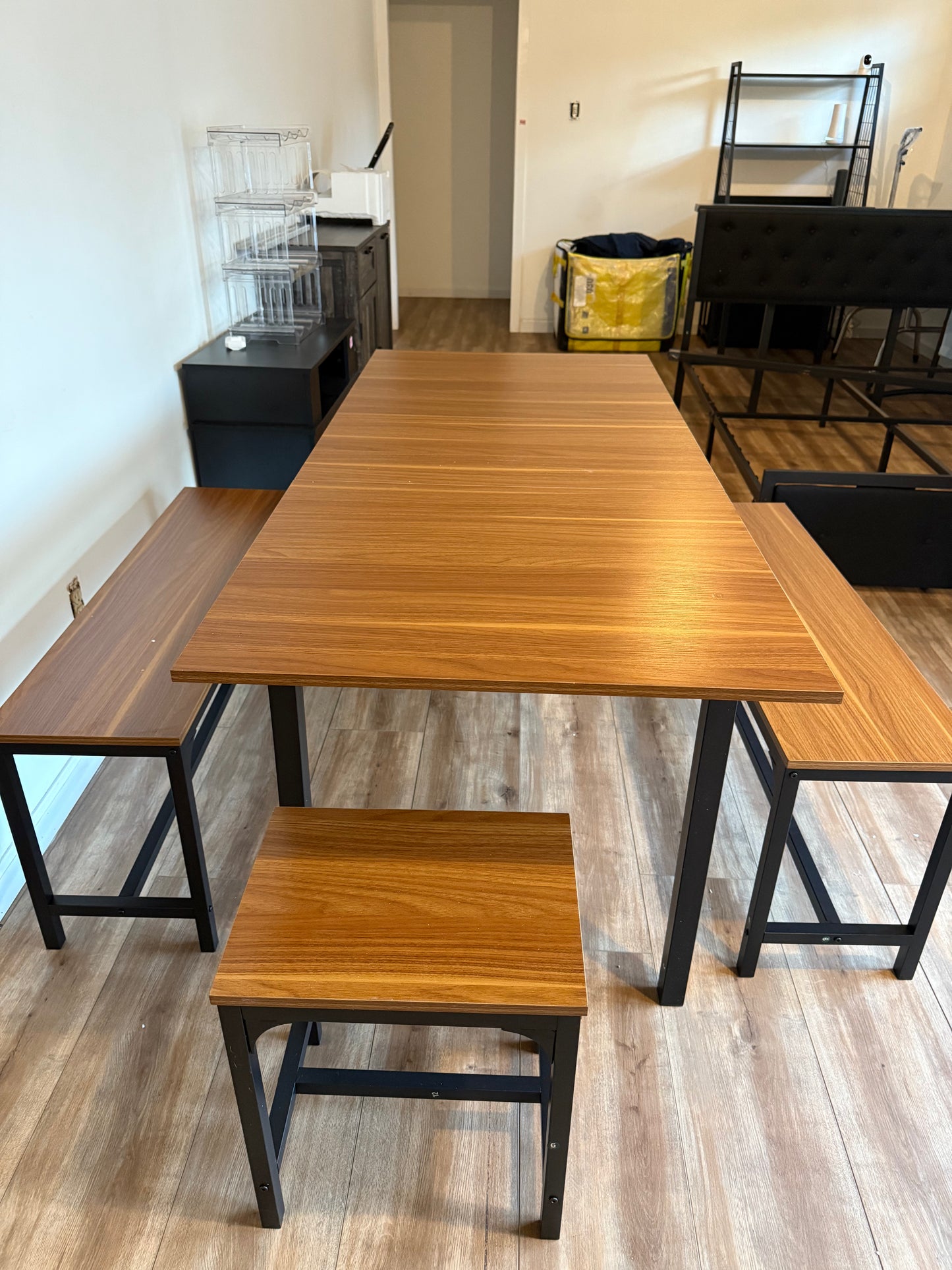 Dining Table Set for 4-6, 5-Piece Kitchen Table Chairs Set, 63” Extendable Table with 2 Benches, 2 Stools, Dinette Table Set, Breakfast Nook Table Set, Dining Room Table Set