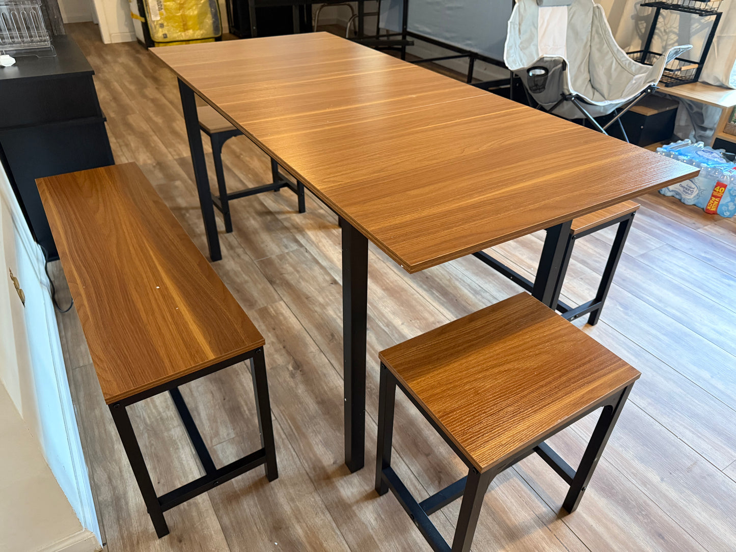 Dining Table Set for 4-6, 5-Piece Kitchen Table Chairs Set, 63” Extendable Table with 2 Benches, 2 Stools, Dinette Table Set, Breakfast Nook Table Set, Dining Room Table Set