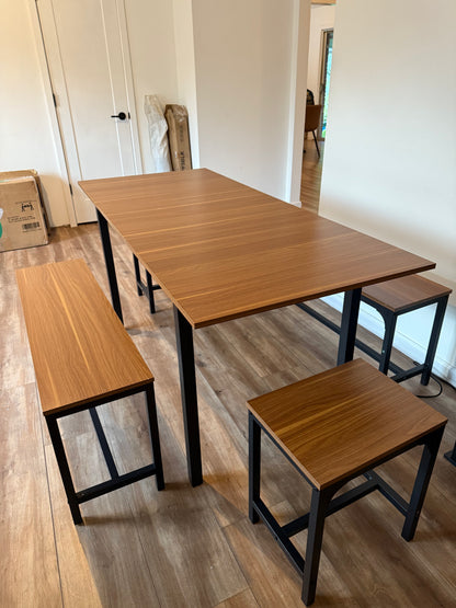 Dining Table Set for 4-6, 5-Piece Kitchen Table Chairs Set, 63” Extendable Table with 2 Benches, 2 Stools, Dinette Table Set, Breakfast Nook Table Set, Dining Room Table Set